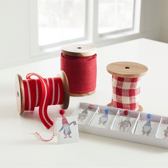 Pottery Barn Wooden Spool of Red and White Grosgrain Ribbon - Picture 14 of 16
